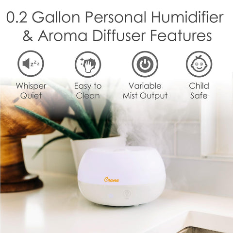 Crane mini humidifier with water tank and detachable cord for easy refills.