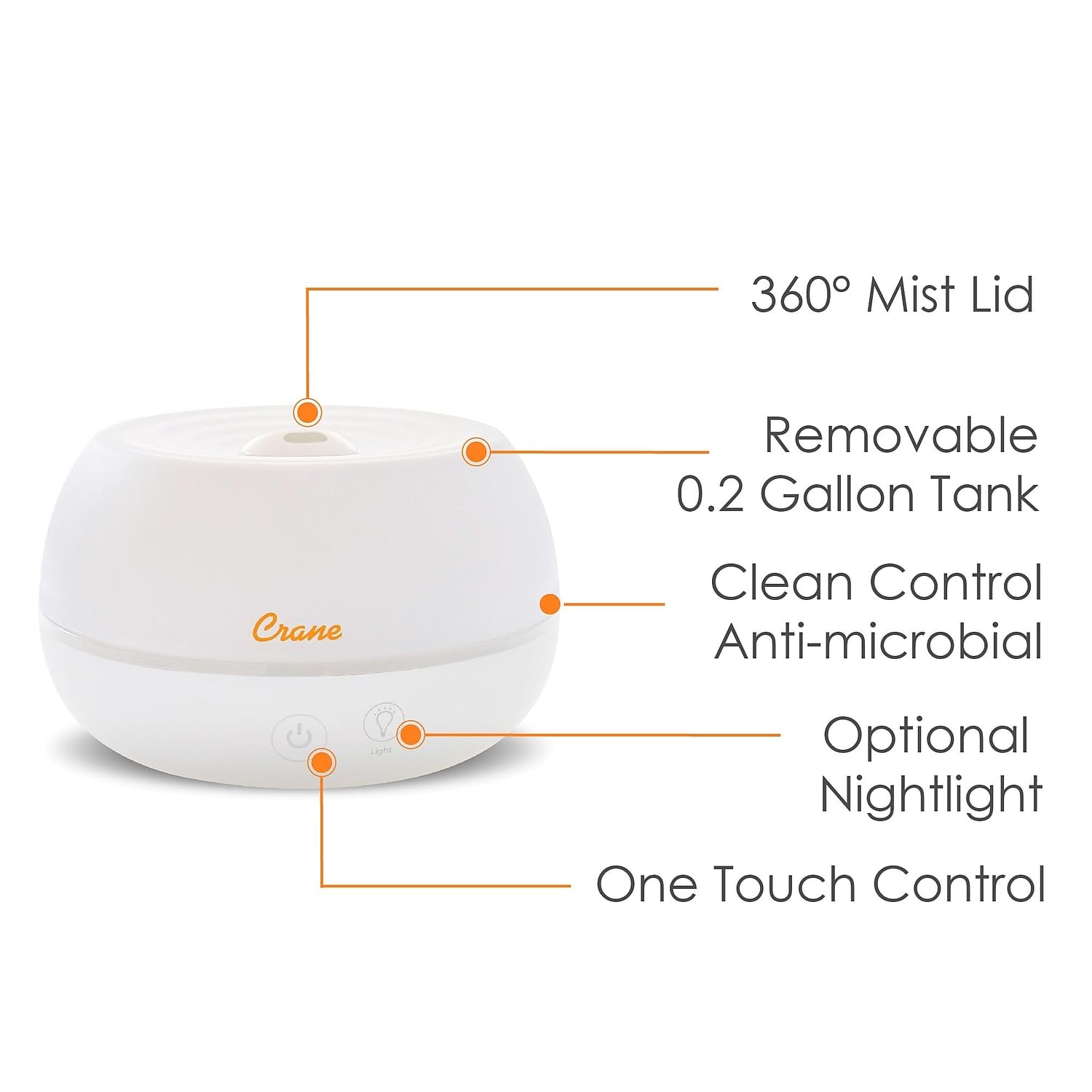 Crane no-filter humidifier for simple maintenance and quick setup.