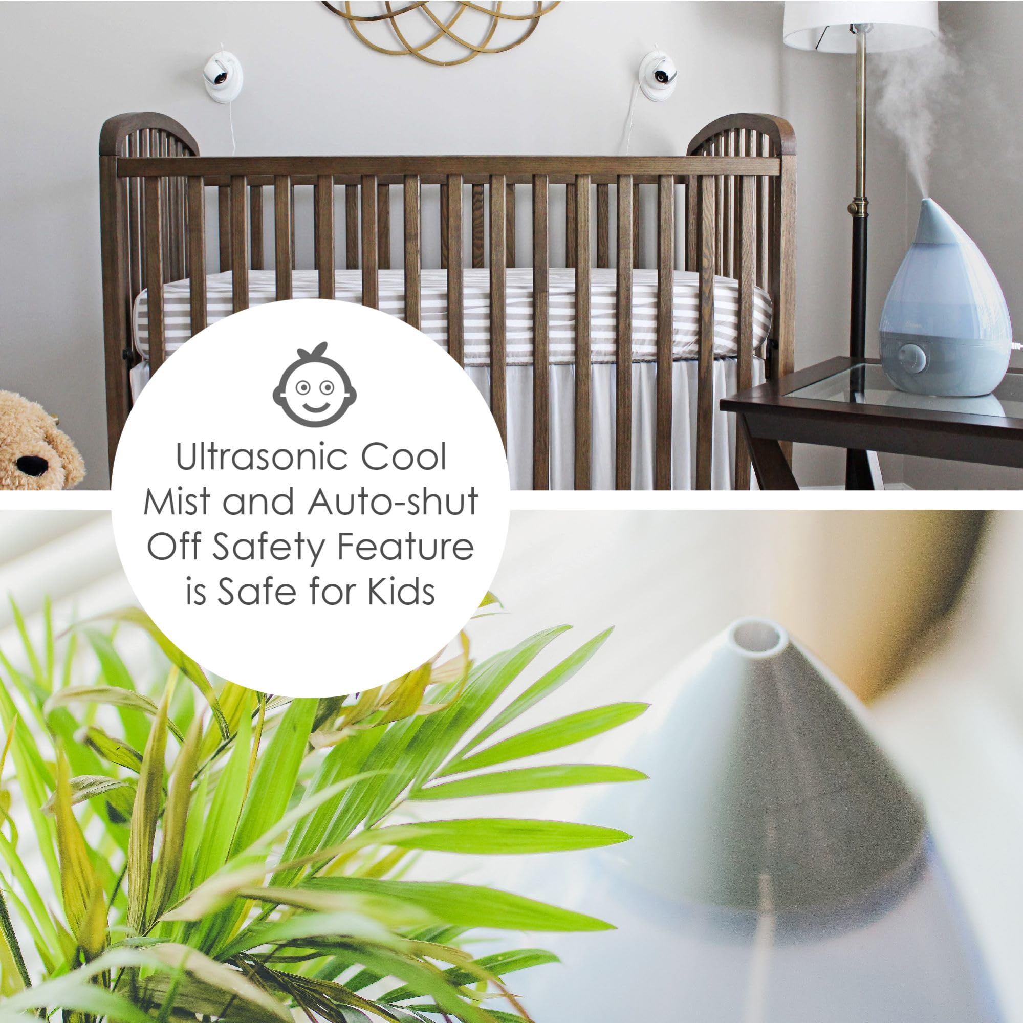 Crane nursery setup with night light option and gentle mist for baby comfort