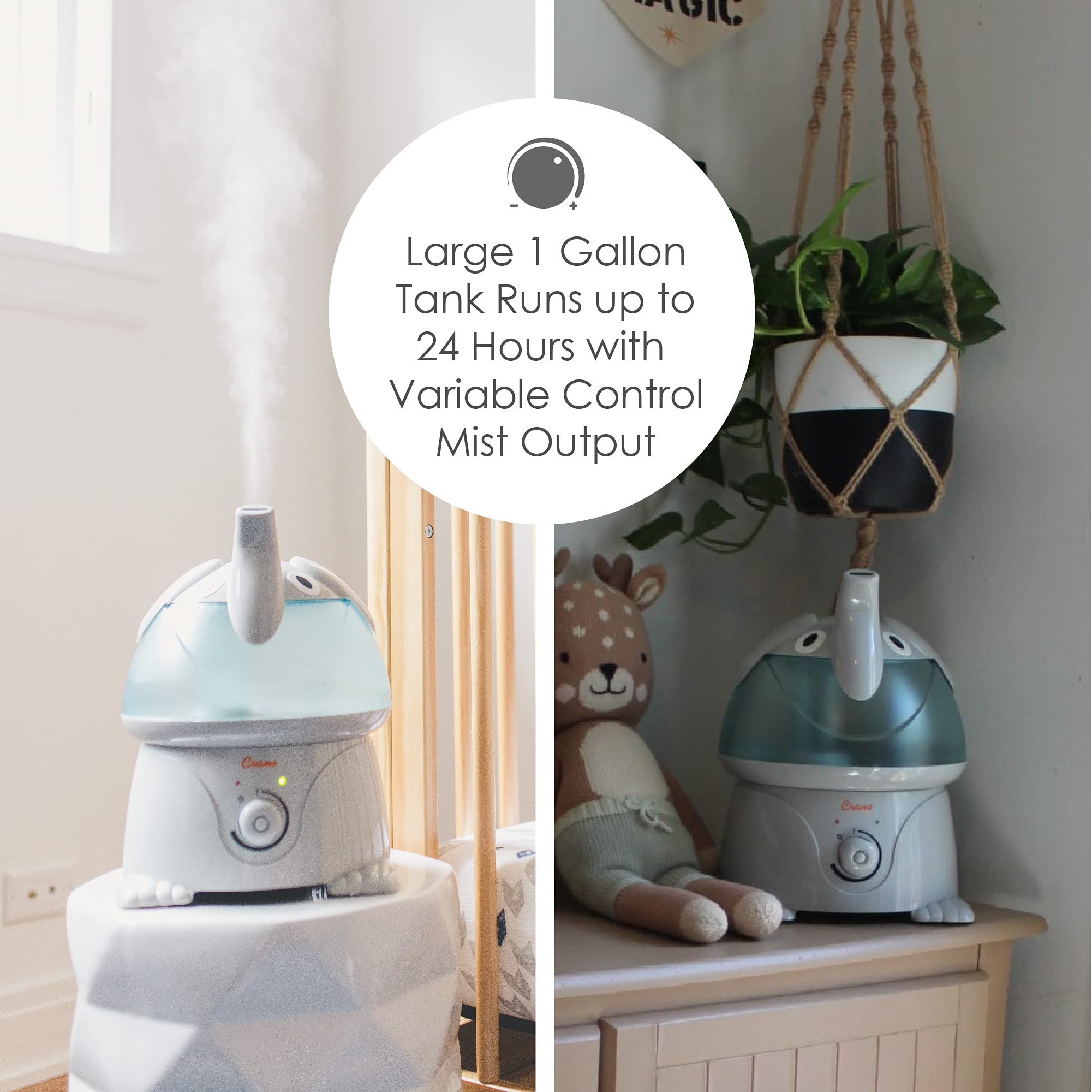 Crane ultrasonic cool-mist system provides whisper-quiet humidity all night