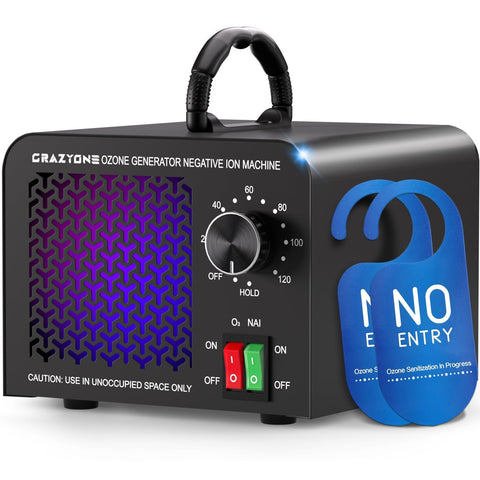 CrazyOne ozone generator front view shows compact design with strong odor removal potential.