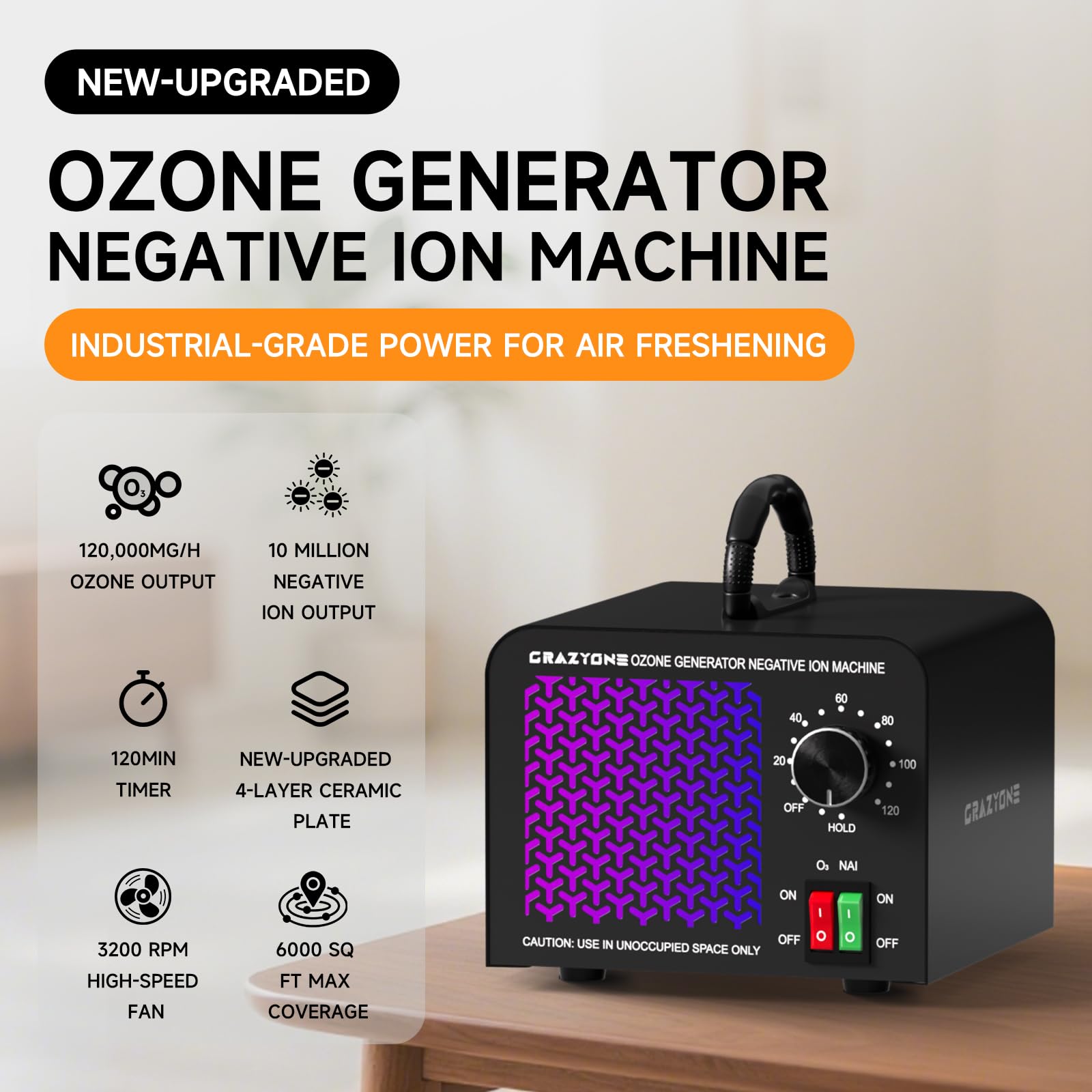 CrazyOne ozone generator side view highlights durable metal shell for long-lasting use.