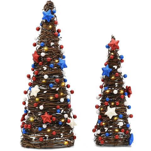 CRCZK patriotic rattan tree with red, white, and blue accents for Independence Day centerpiece.