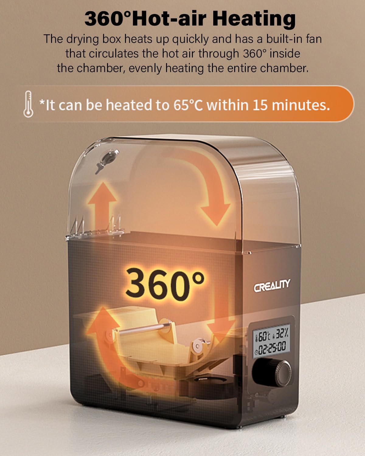 Creality Filament Dryer Box Pro 2.0 interior with 360° air circulation for even drying