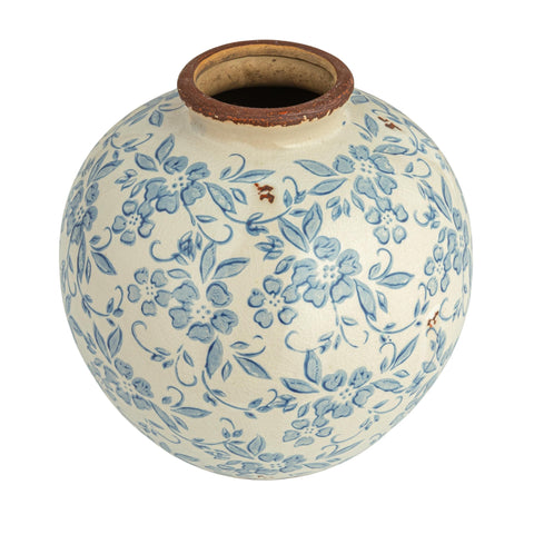Creative Co-Op DF2720 vase with blue transferware pattern, ideal indoor décor centerpiece.