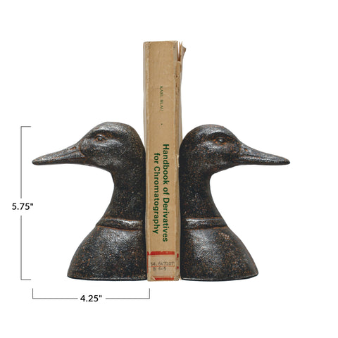Creative Co-Op duck head bookend side view shows distressed metal finish for rustic appeal