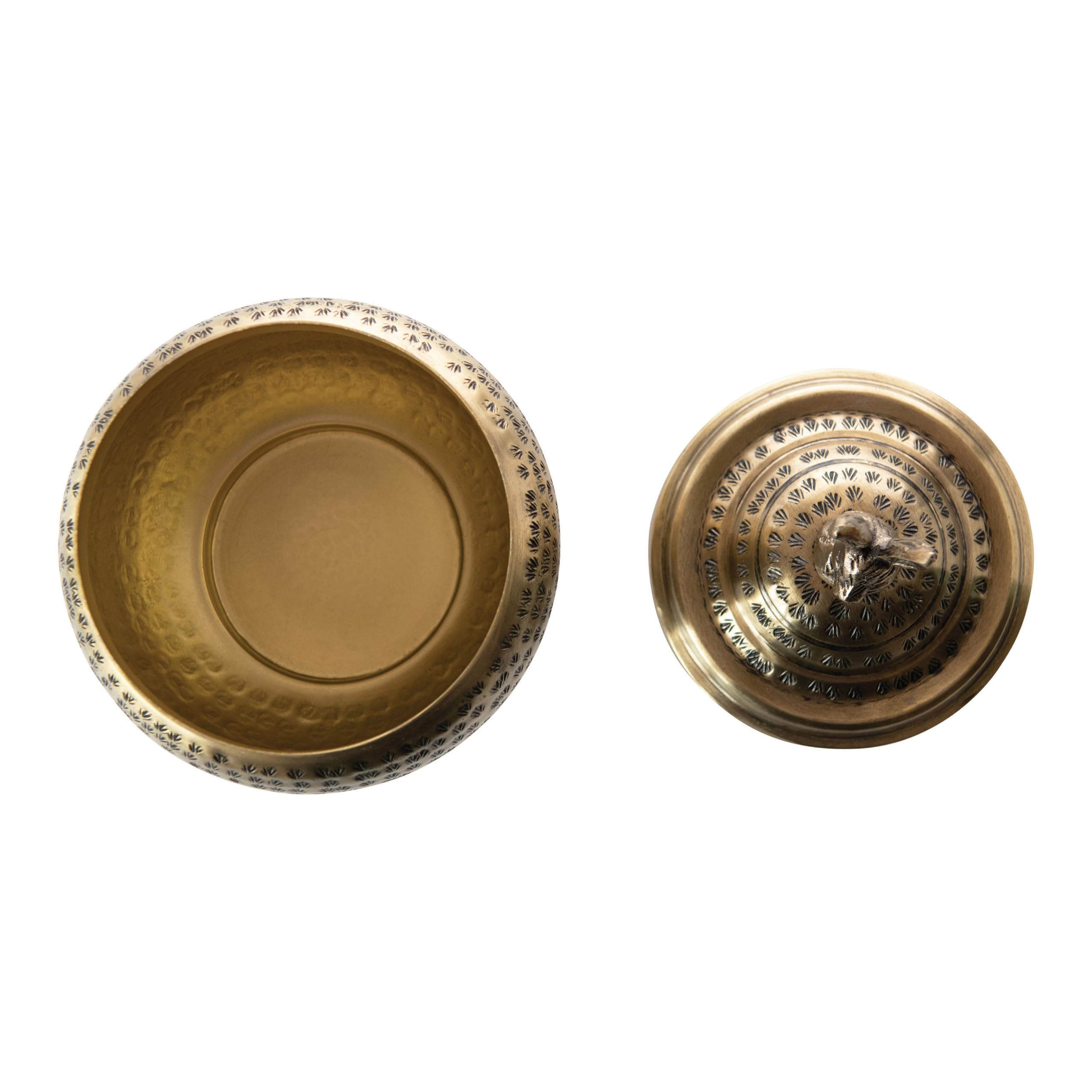 Creative Co-Op hammered texture detail on rabbit-finial lid highlights durable metal construction.