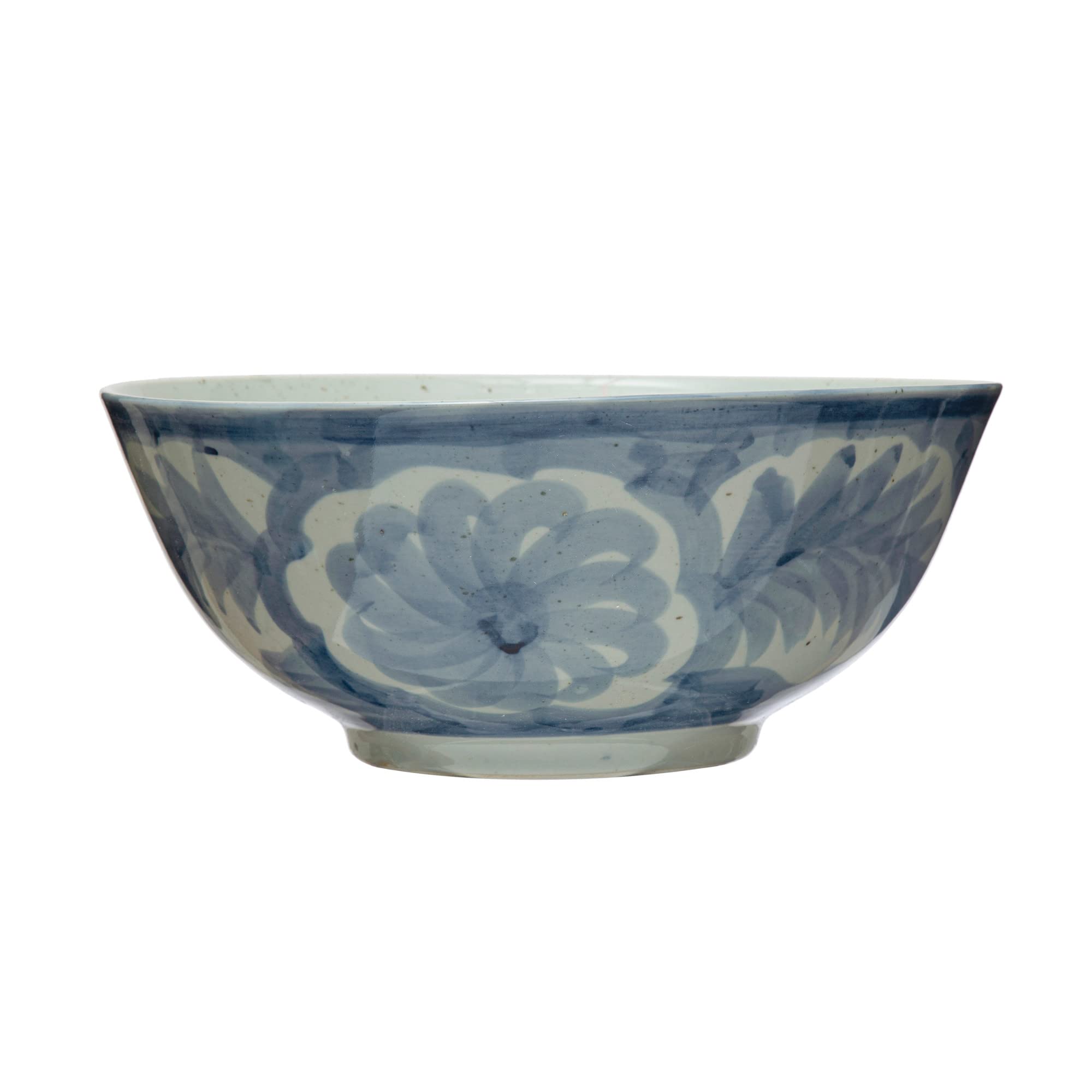 Creative Co-Op hand-painted stoneware bowl with blue floral design, ideal as a centerpiece.