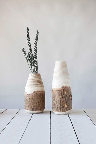 Creative Co-Op natural paulownia vase on mantel with warm tones