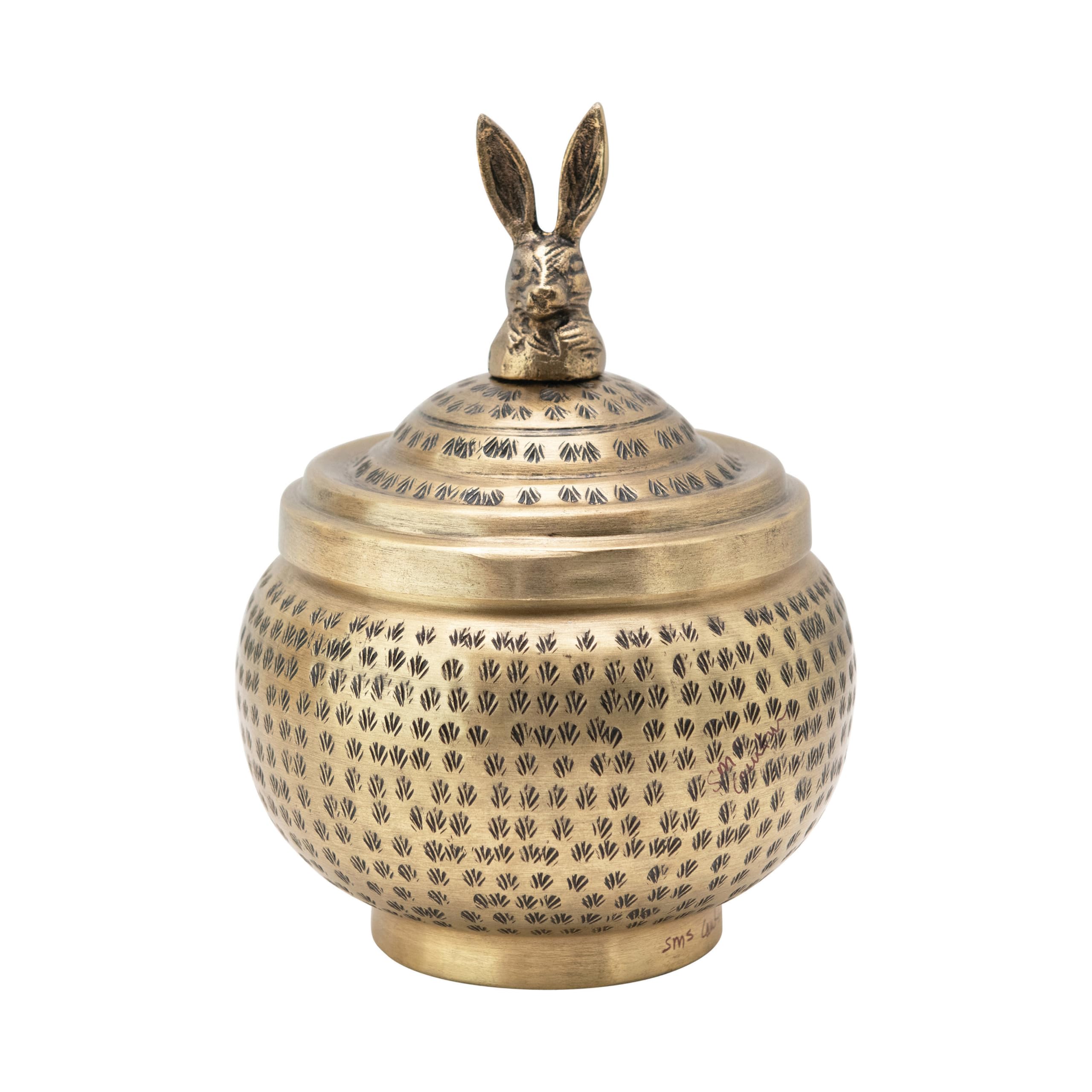 Creative Co-Op round hammered metal container with brass finish enhances any display.