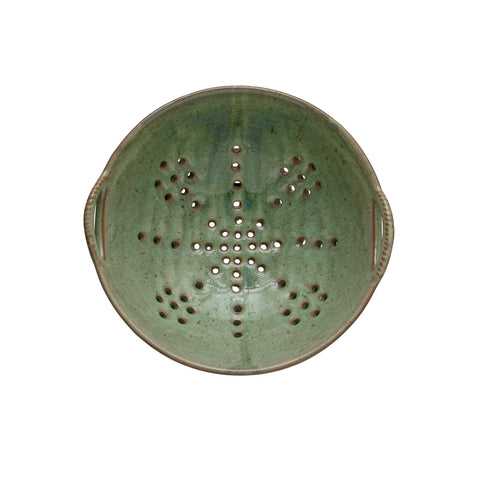 Creative Co-Op aqua glaze berry bowl on table enhances natural decor.