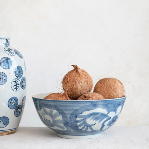 Creative Co-Op blue and white floral bowl, food-safe for daily meals.