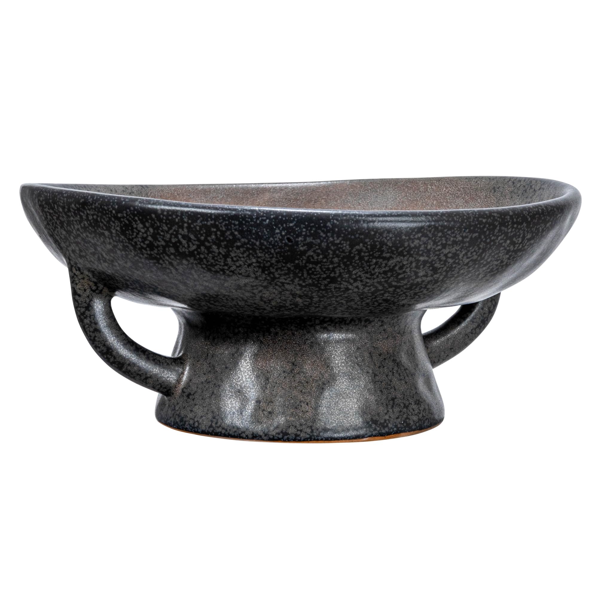 Creative Co-Op stoneware bowl top view with black reactive glaze and sculptural handle