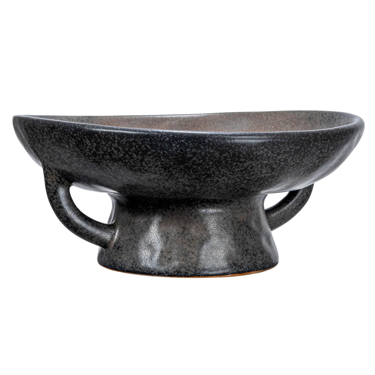Creative Co-Op stoneware bowl top view with black reactive glaze and sculptural handle
