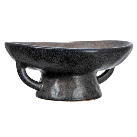 Creative Co-Op stoneware bowl top view with black reactive glaze and sculptural handle