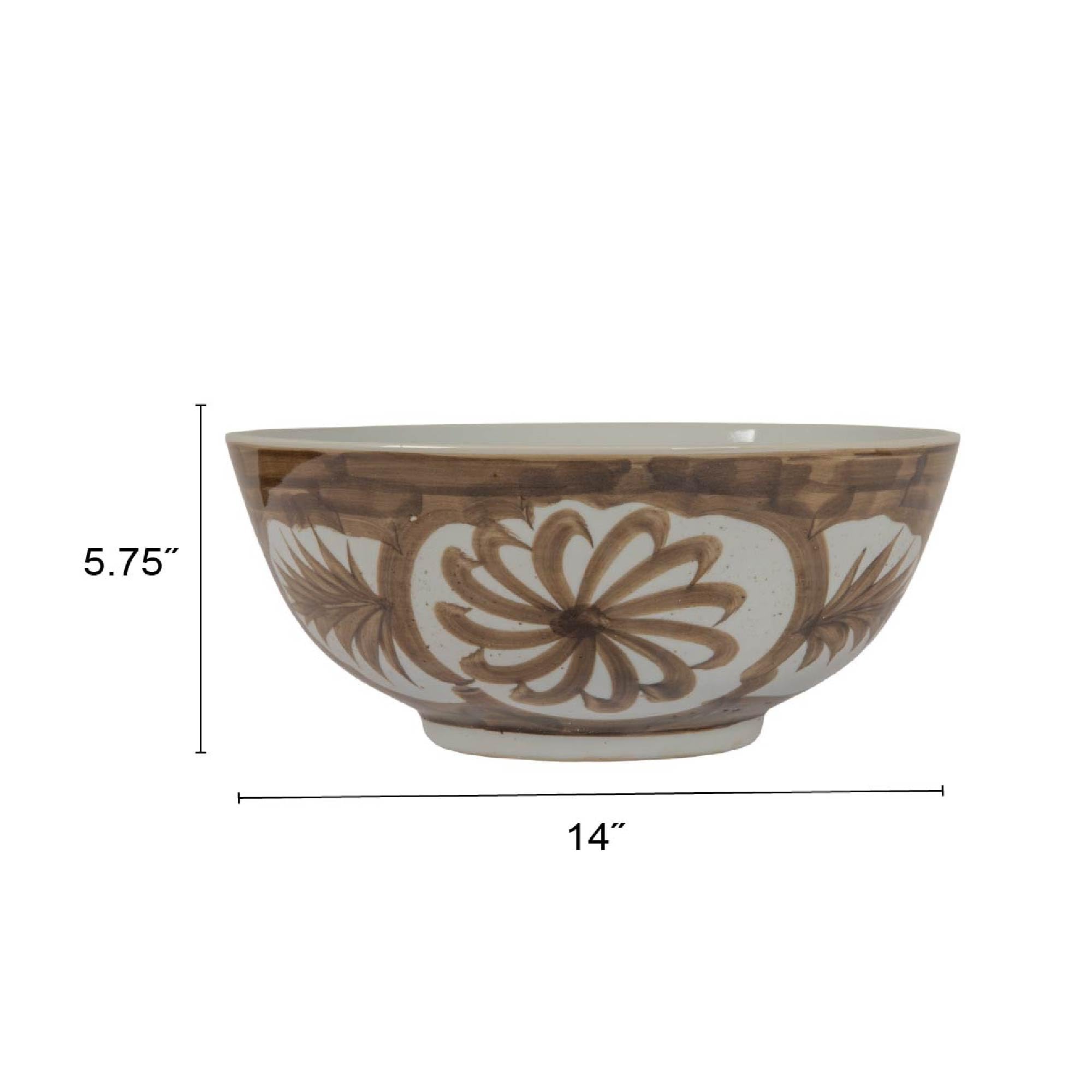 Creative Co-Op brown stoneware bowl featuring floral watercolor design on a sideboard