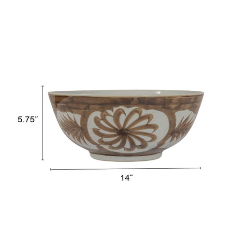 Creative Co-Op brown stoneware bowl featuring floral watercolor design on a sideboard