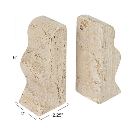 Creative Co-Op travertine wave bookends close-up shows glossy natural finish