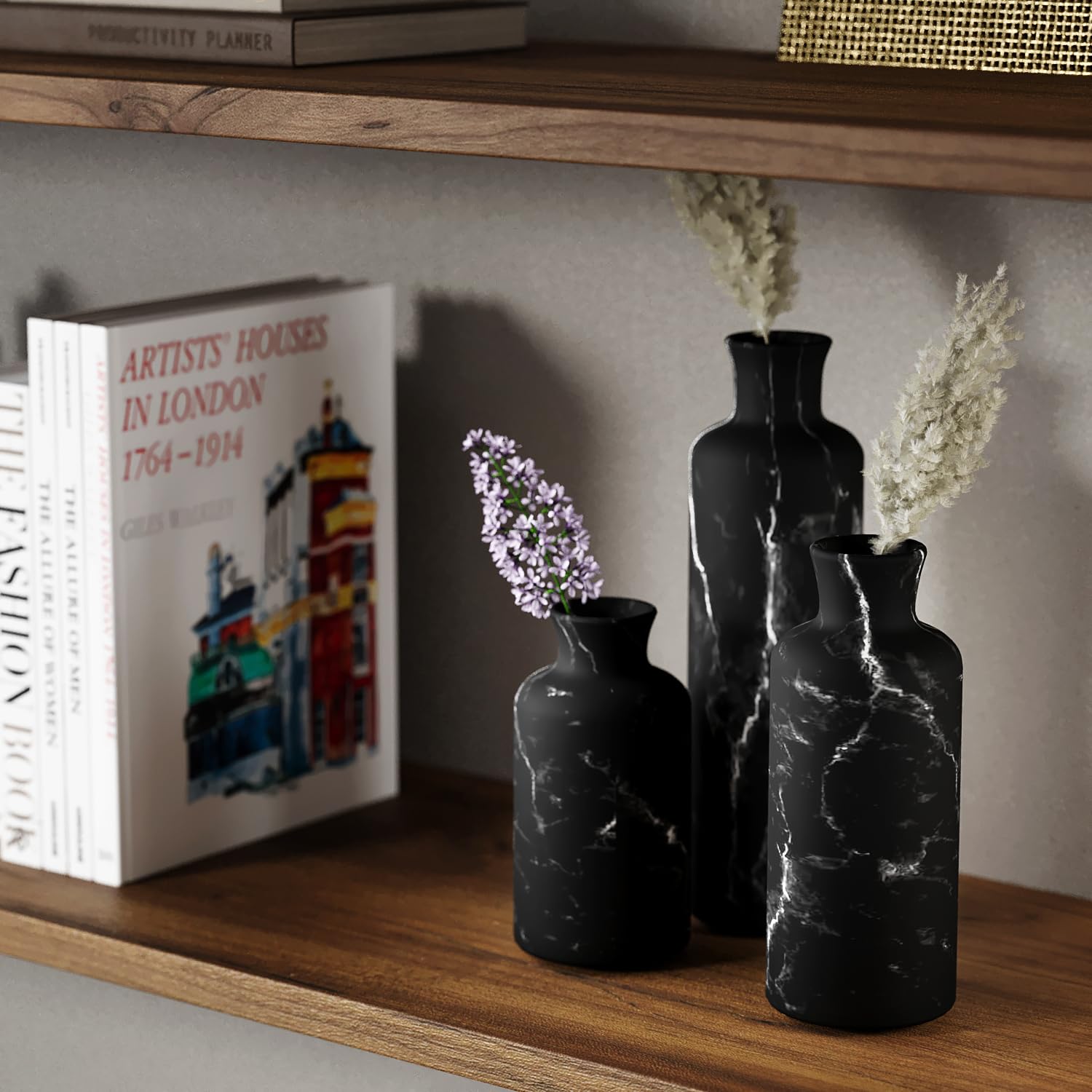 Creative Scents Black Marble Look Vase Set as a centerpiece on the dining table with fresh blooms
