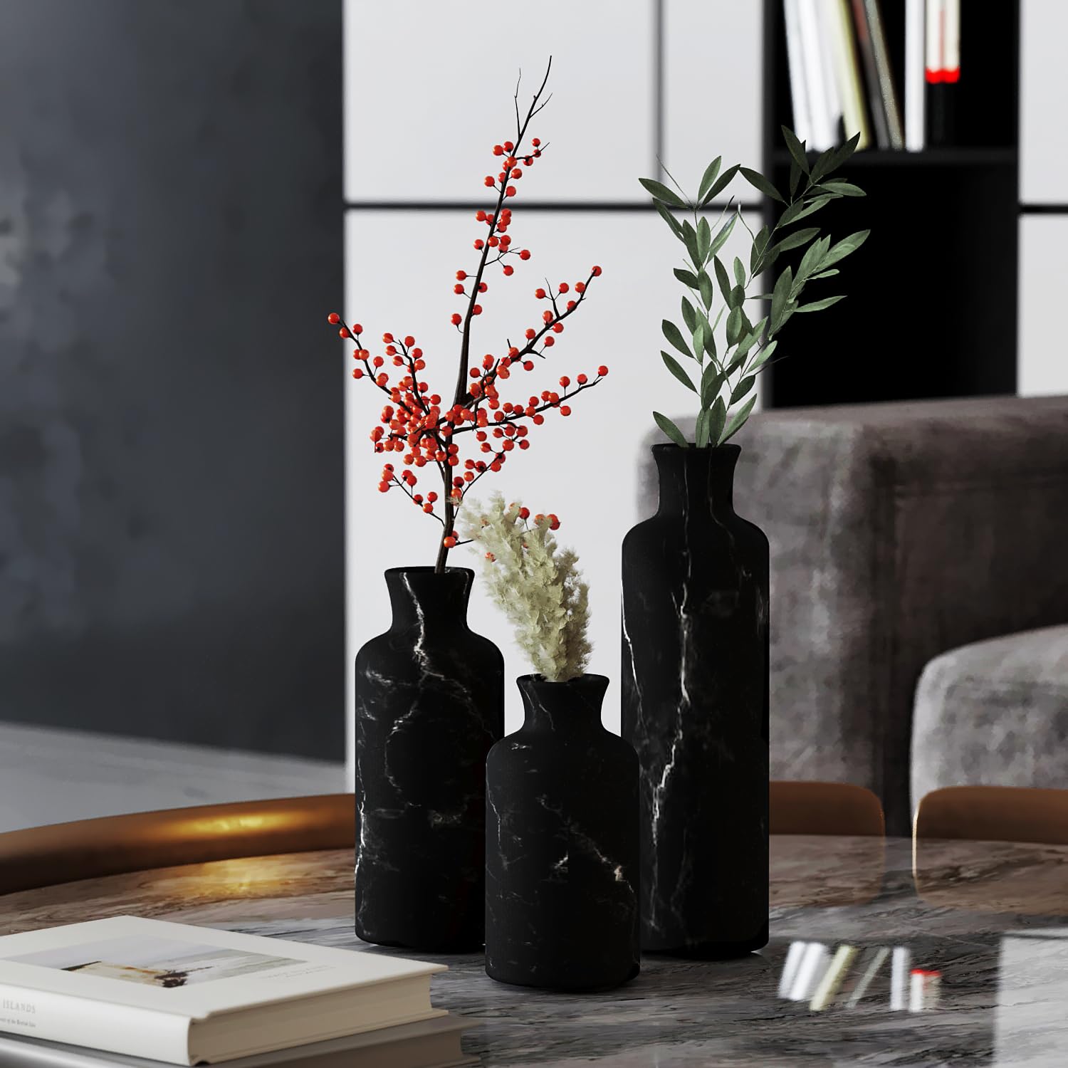 Creative Scents Black Marble Look Vase Set on a shelf with dried flowers for cozy decor