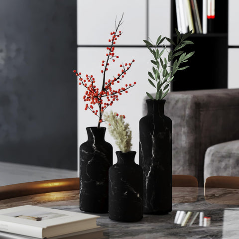 Creative Scents Black Marble Look Vase Set on a shelf with dried flowers for cozy decor