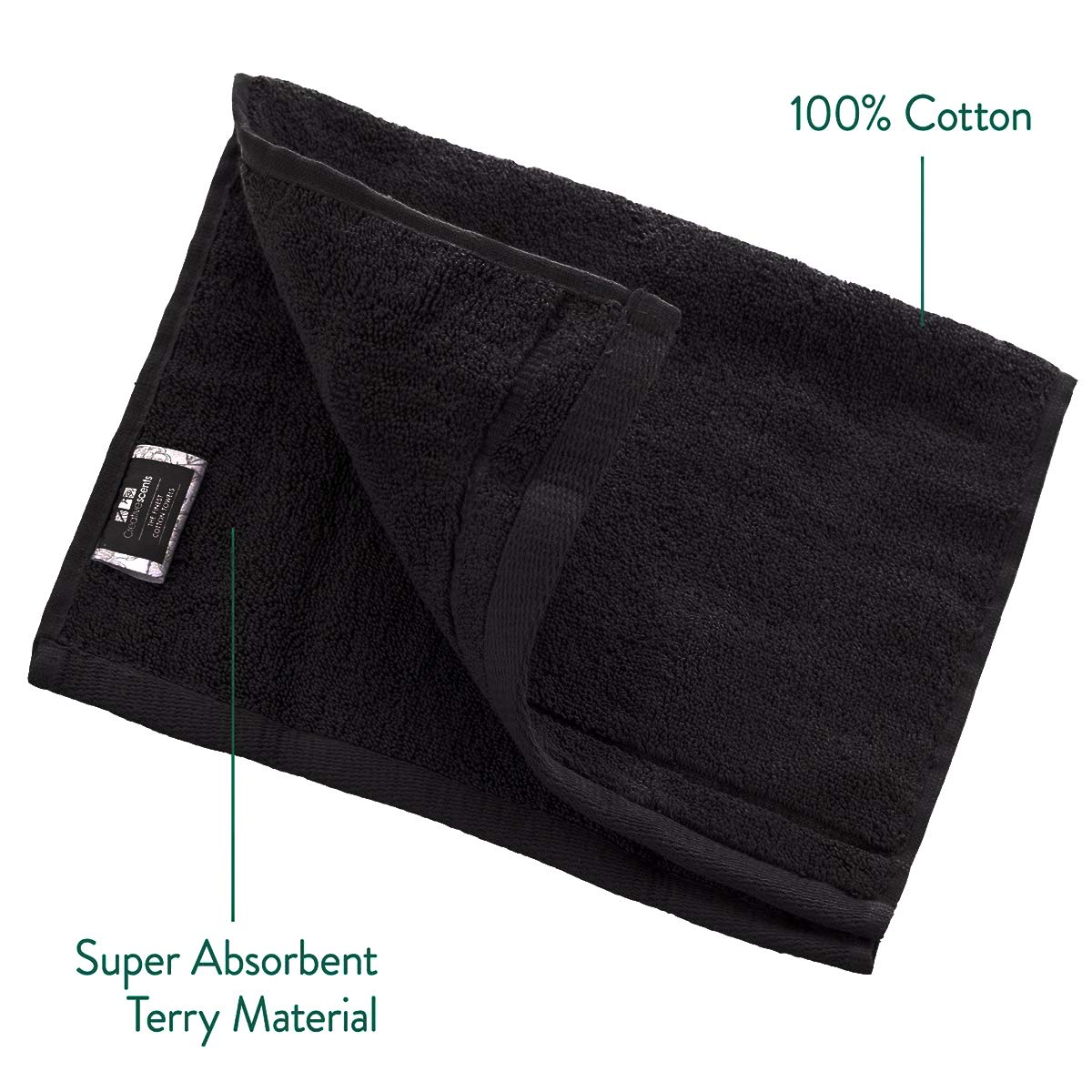 Creative Scents black cotton towels, 11 by 18 inches, compact and decorative.