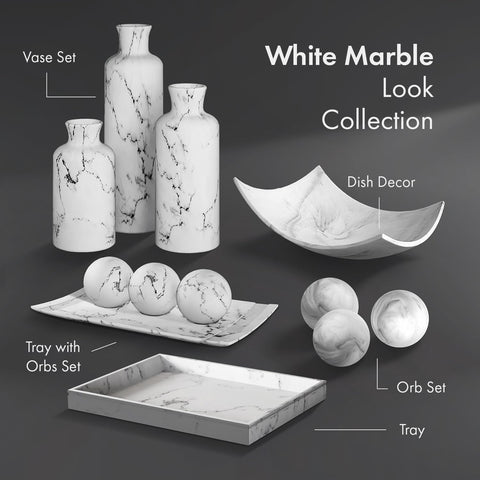 Creative Scents 2-4in marble-look orbs for a minimalist dining table.