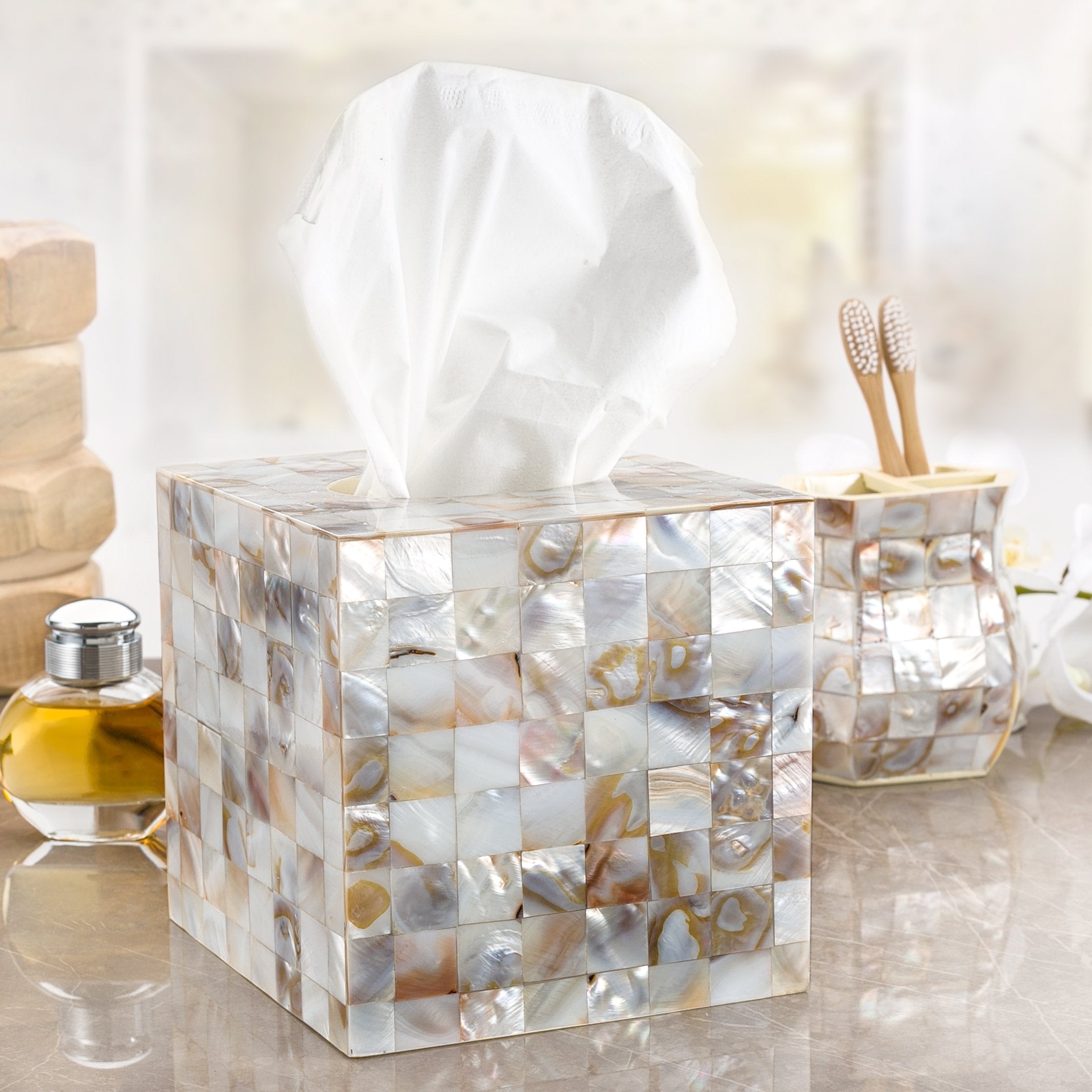 Creative Scents Milano front view tissue box cover with iridescent shells enhances space.