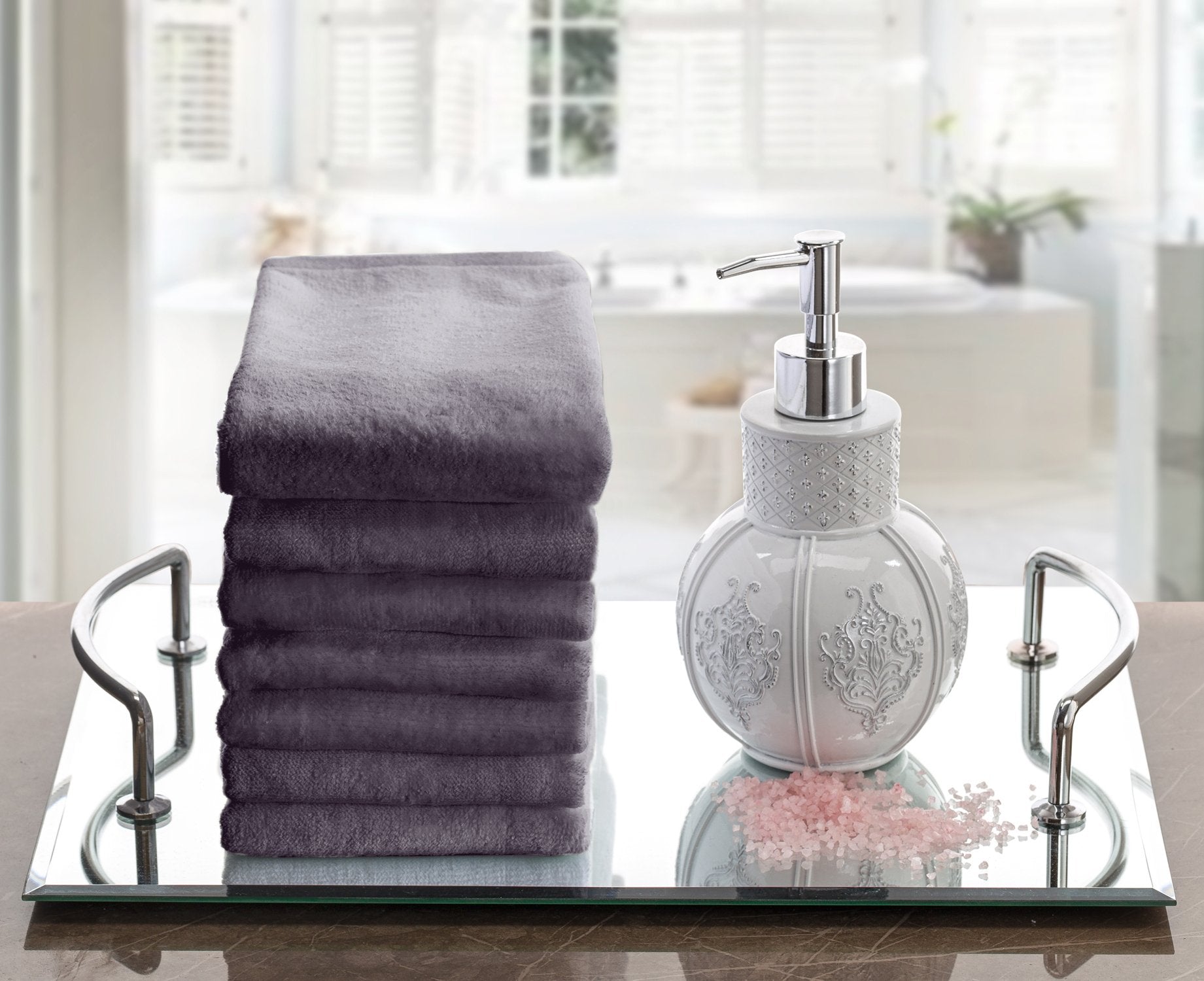 Creative Scents soft, thick grey towels add a decorative touch while staying absorbent.