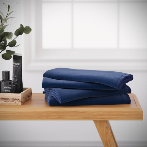 Creative Scents navy fingertip towels, compact 11x18 inches, ideal for bathroom racks and guest spaces.
