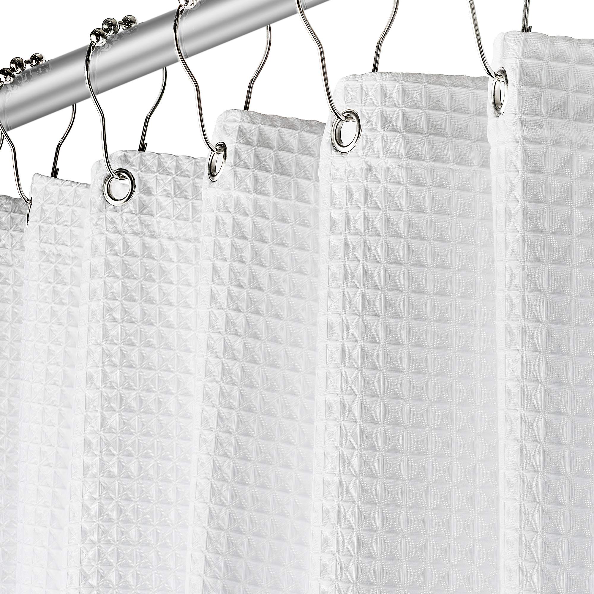 Creative Scents white waffle shower curtain with rust-free metal grommets for a spa-like bath.