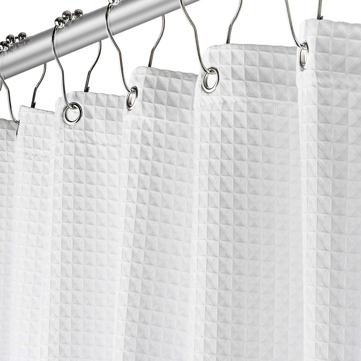 Creative Scents white waffle shower curtain with rust-free metal grommets for a spa-like bath.