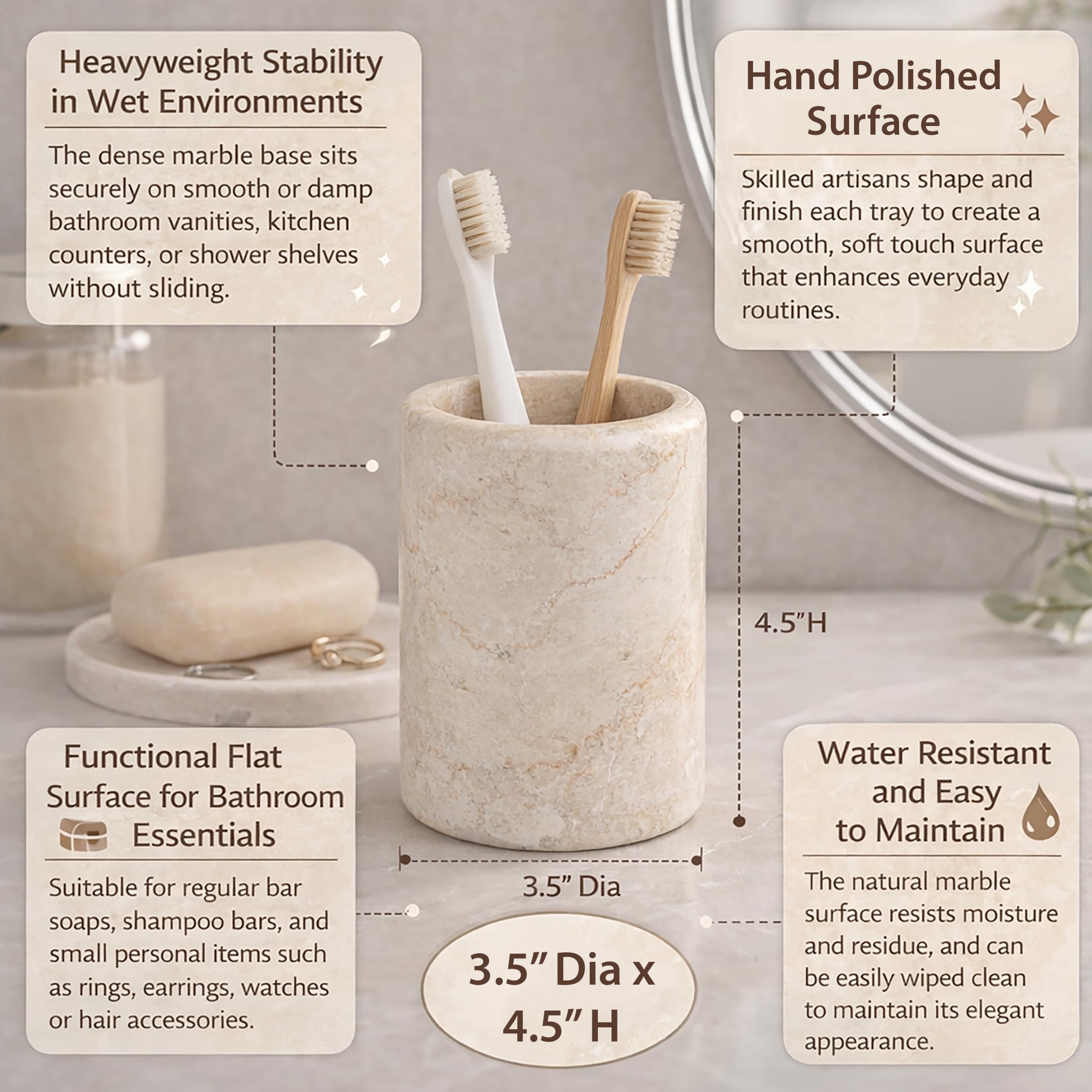 Creative Home solid stone toothbrush holder highlights heavyweight stability on damp sinks.