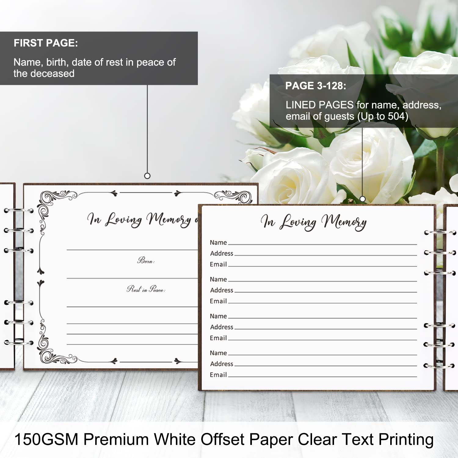 Creawoo wooden guest book inside pages enabling easy, heartfelt messages.