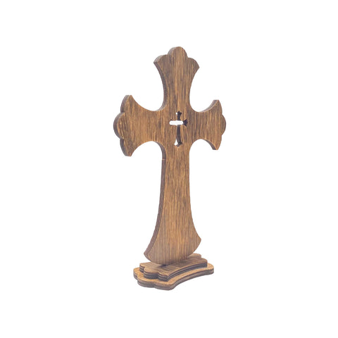 Cregugua brown wood standing cross enhances church decor on tables or shelves