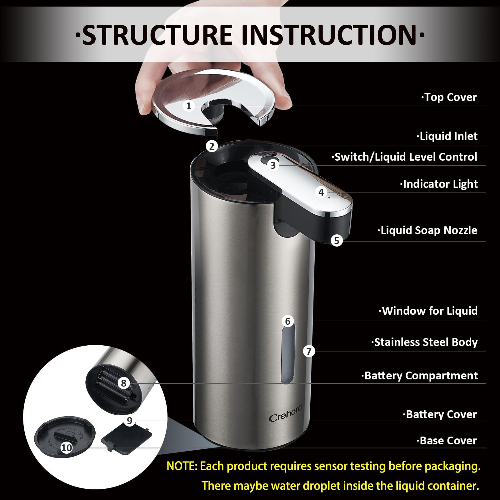 Crehora automatic soap dispenser bottom battery compartment ensures secure power.