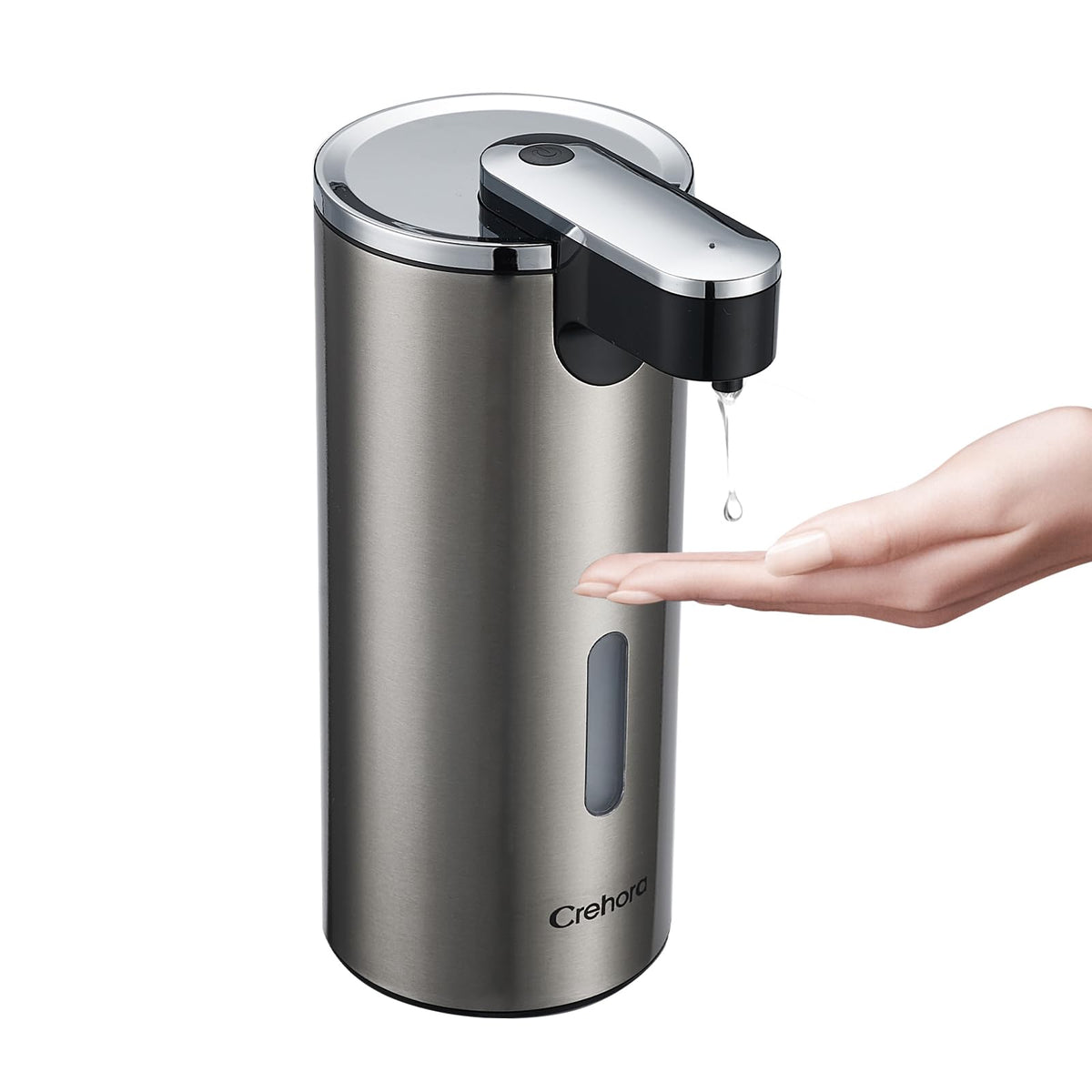 Crehora automatic soap dispenser front view showing hands-free operation and stainless steel finish.