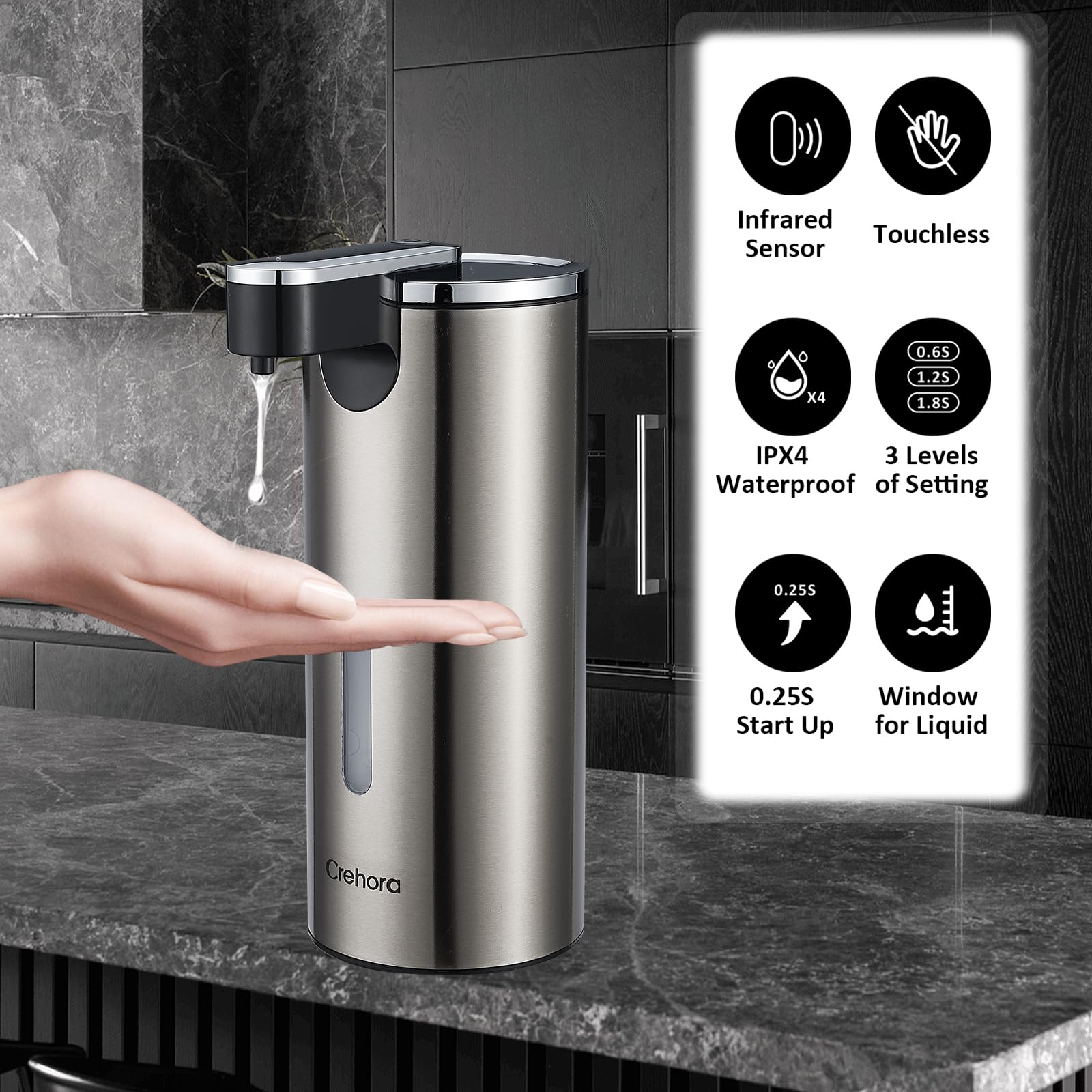 Crehora automatic soap dispenser side view highlighting compact footprint and modern design.