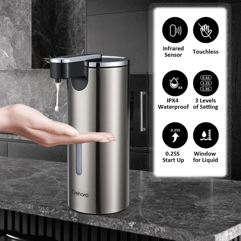 Crehora automatic soap dispenser side view highlighting compact footprint and modern design.