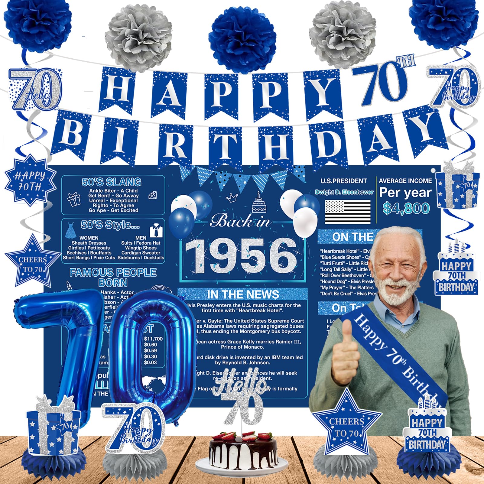 Crenics blue 1956 backdrop for nostalgic 70th birthday photo backdrop