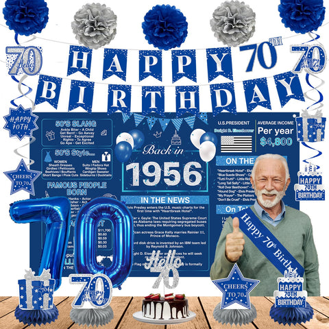 Crenics blue 1956 backdrop for nostalgic 70th birthday photo backdrop