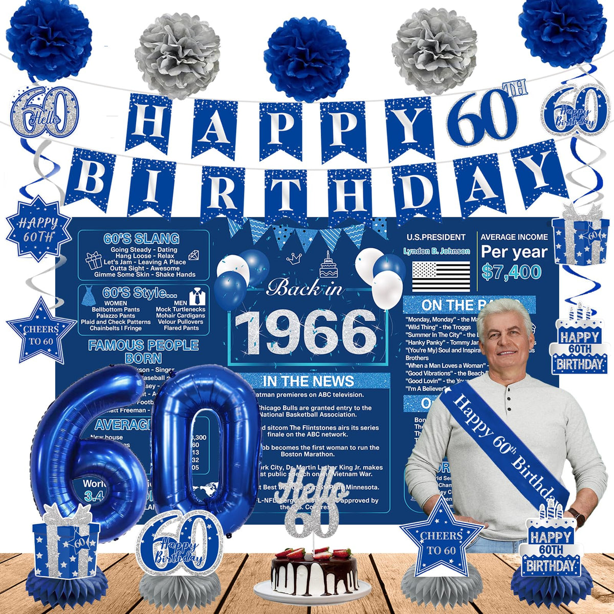 Crenics blue 60th backdrop with Back in 1966 for nostalgic photo moments.