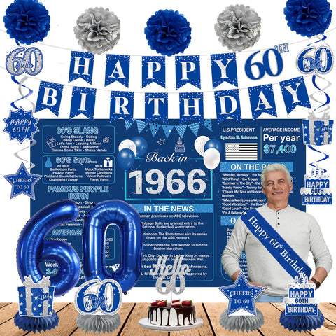 Crenics blue 60th backdrop with Back in 1966 for nostalgic photo moments.