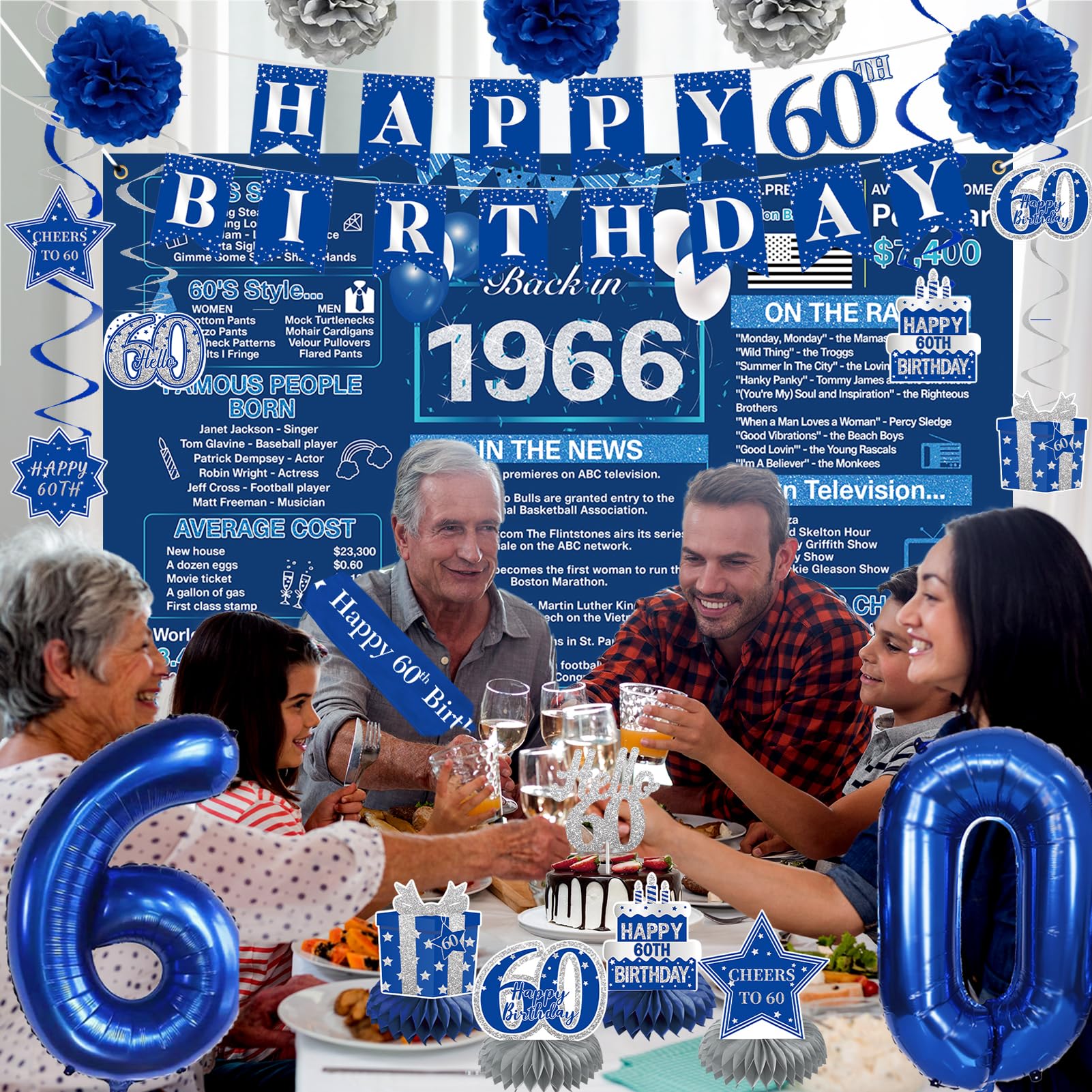 Crenics blue happy 60th sash for stylish guest recognition.