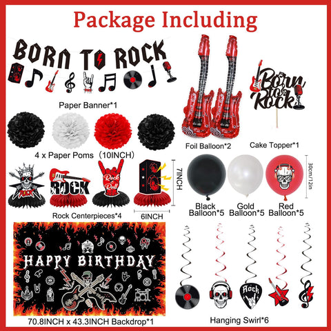 Crenics born to rock banner decor highlights the party theme in photos.