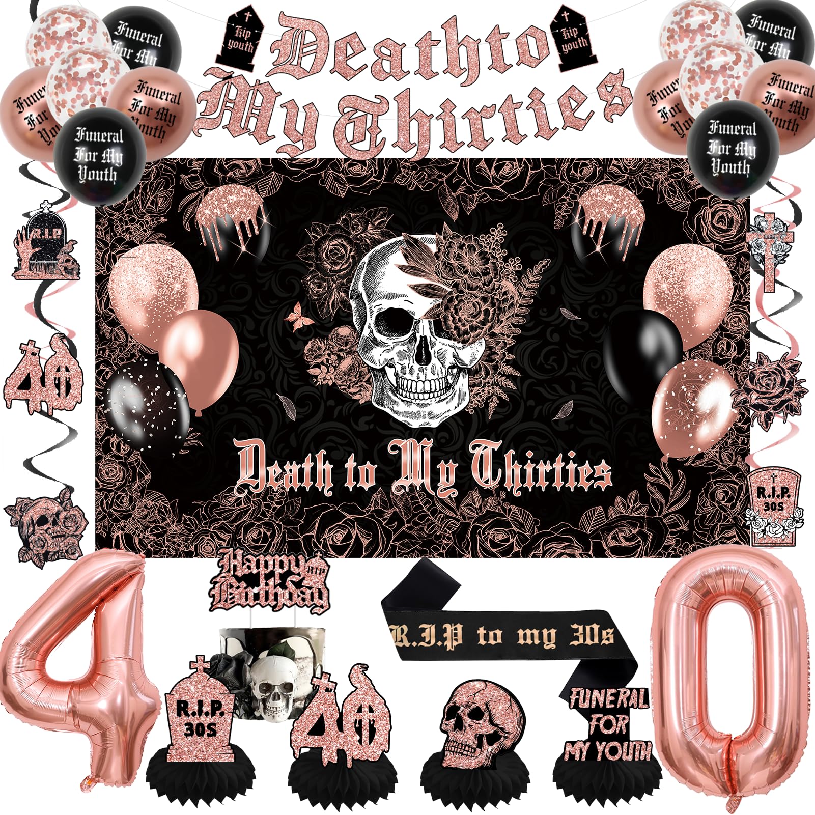 Crenics Death to My Thirties backdrop for dramatic 40th birthday photos.