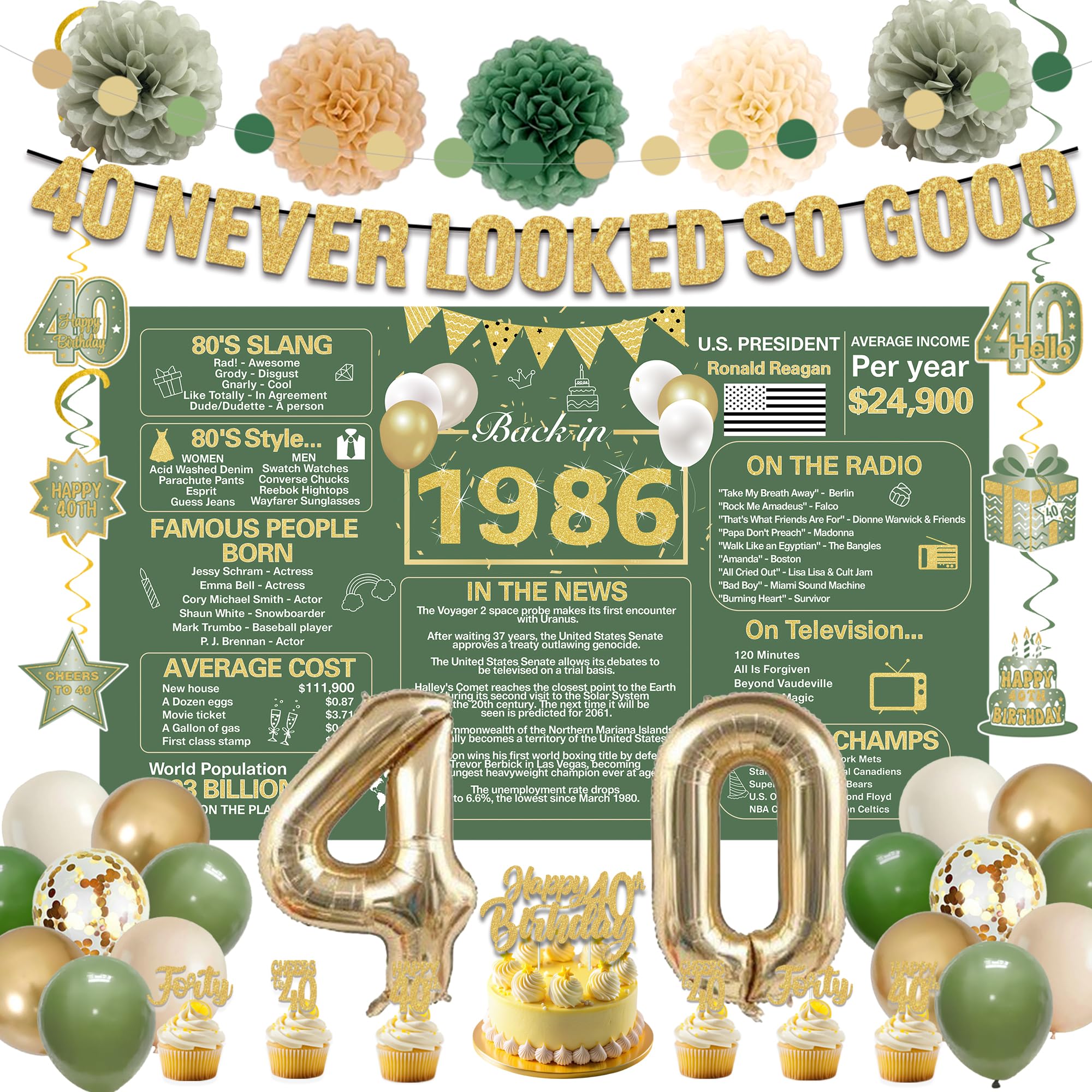 Crenics green gold 1986 backdrop for nostalgic party photos and easy decor setup