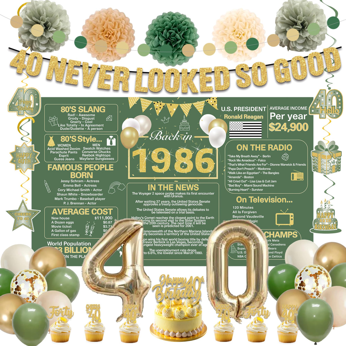 Crenics green gold 1986 backdrop for nostalgic party photos and easy decor setup