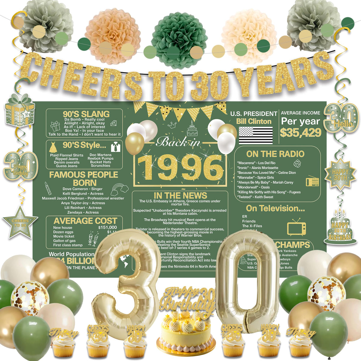 Crenics green and gold backdrop 1996 for nostalgic party photos