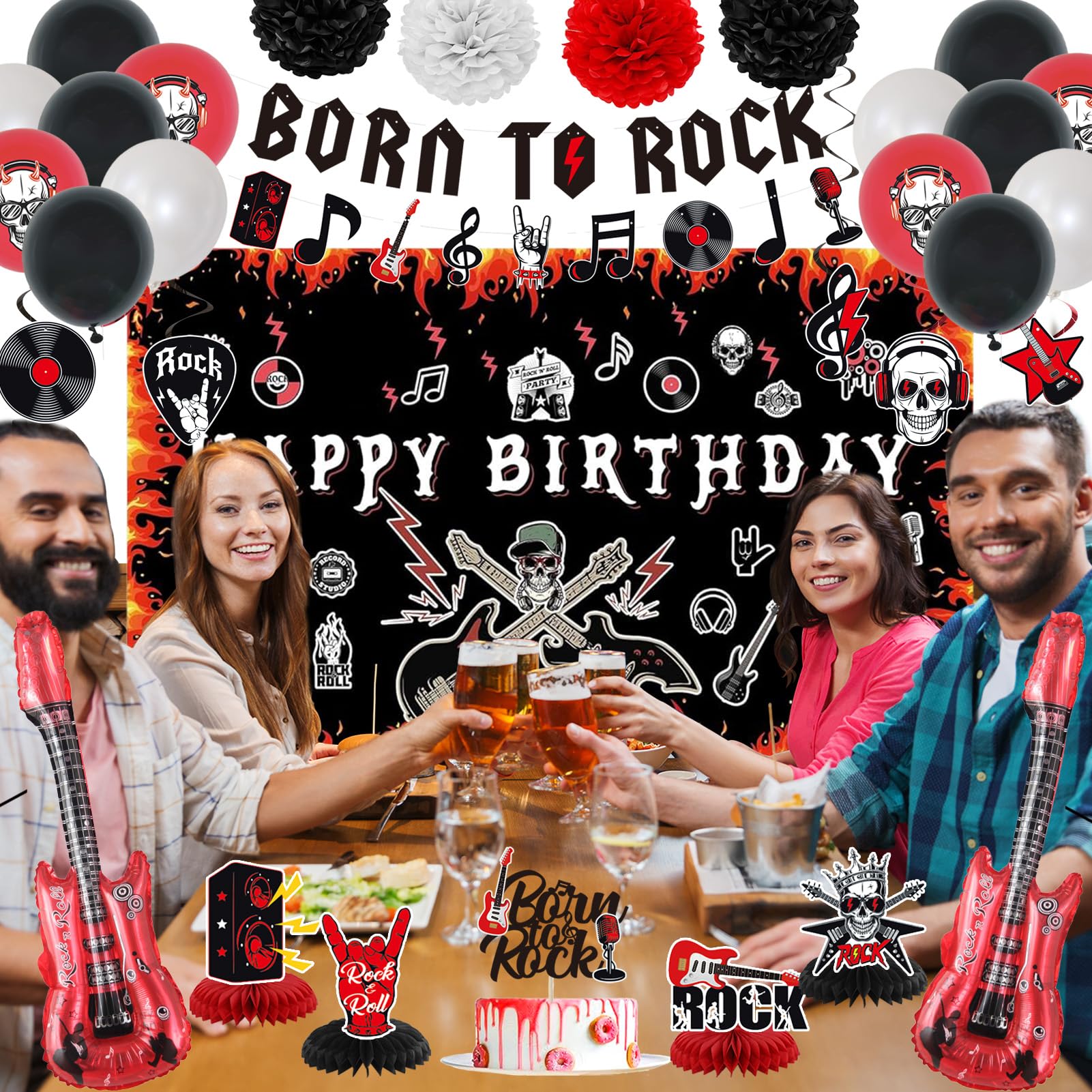 Crenics guitar foil balloons add metallic accents and energy to the celebration.